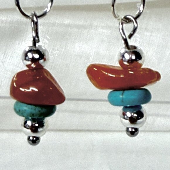 REIMAGINED Carnelian & Blue Howlite Beaded Earrings on Sterling Silver Hooks - Picture 2 of 8
